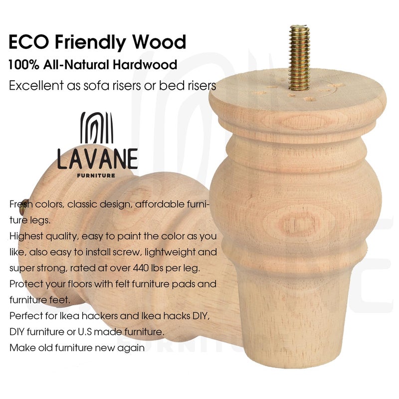 La Vane 4 inch / 10cm Unfinished Wooden Furniture Legs, 4PCS Soild Wood Turned Spindle Replacement Bun Feet with Pre-Drilled M8 Inch Bolt & Mounting Plate for Sofa Couch Chair Ottoman - Image 3